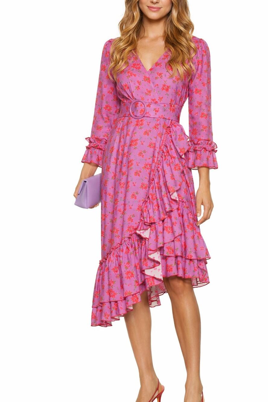 GUL HURGEL Printed Linen Midi Wrap Dress Belted Floral Ruffle Size Medium M